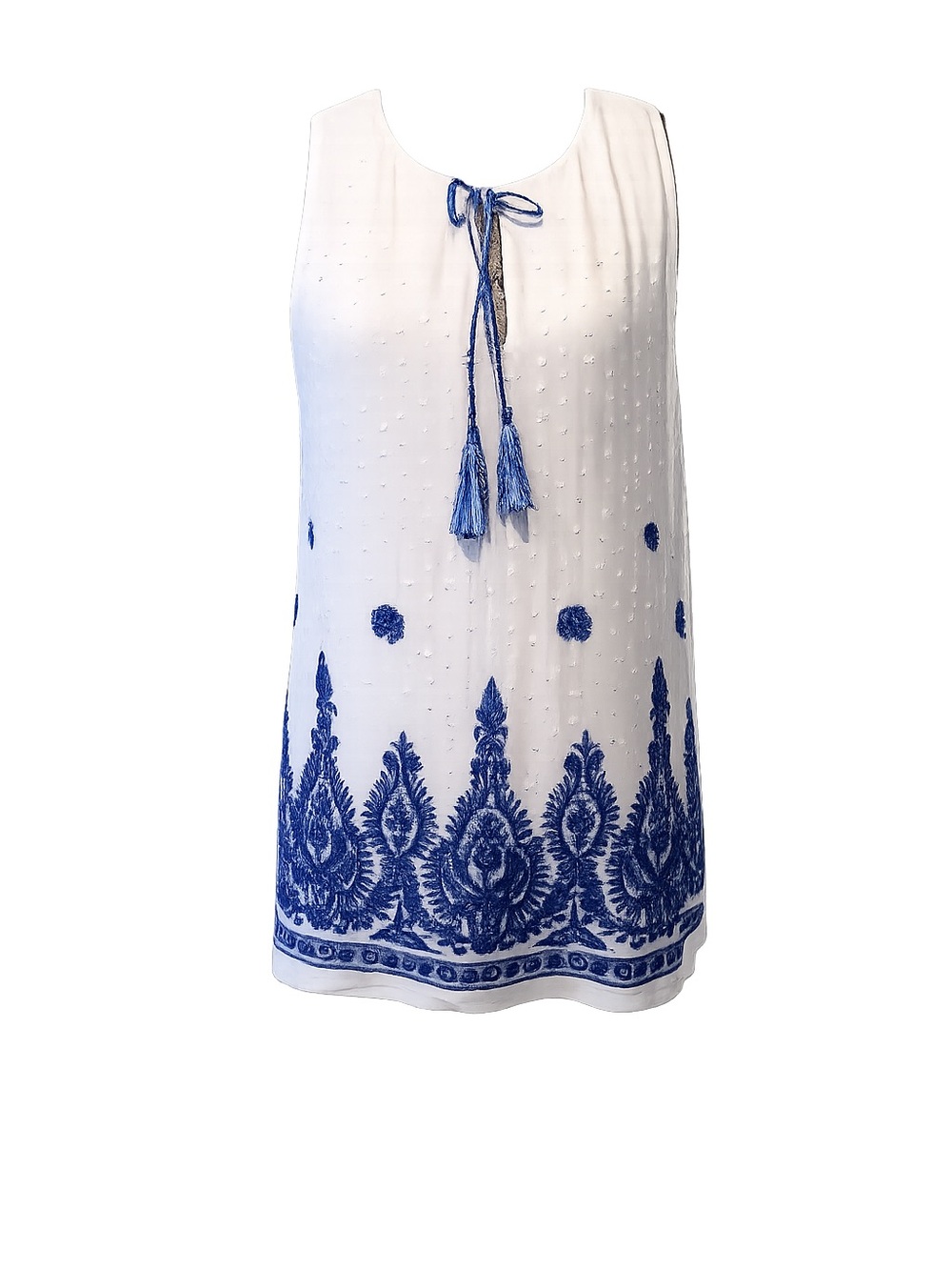 Karen Kane White Blue Embroidered Tassel Tunic Top Swiss Dot Size Medium Boho